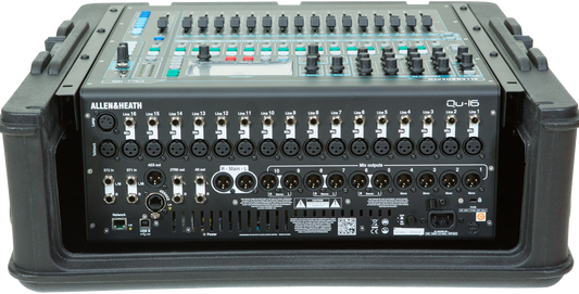 10U Mixer Rack Case with Allen & Heath Qu-16 mixer installed, showing rear panel connections and steel threaded rails for secure mounting.