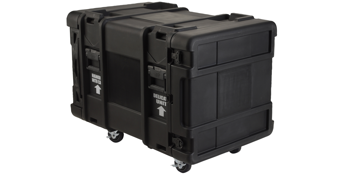 Closed 28 Inch Shock Rack with ARCS System - 10U, featuring durable black exterior with wheels for mobility and secure transport.