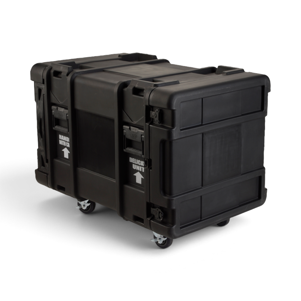 Closed 30-Inch Shock Rack - Durable rSeries Case with rugged black exterior, swivel casters, and labeled for delicate IT equipment transport.