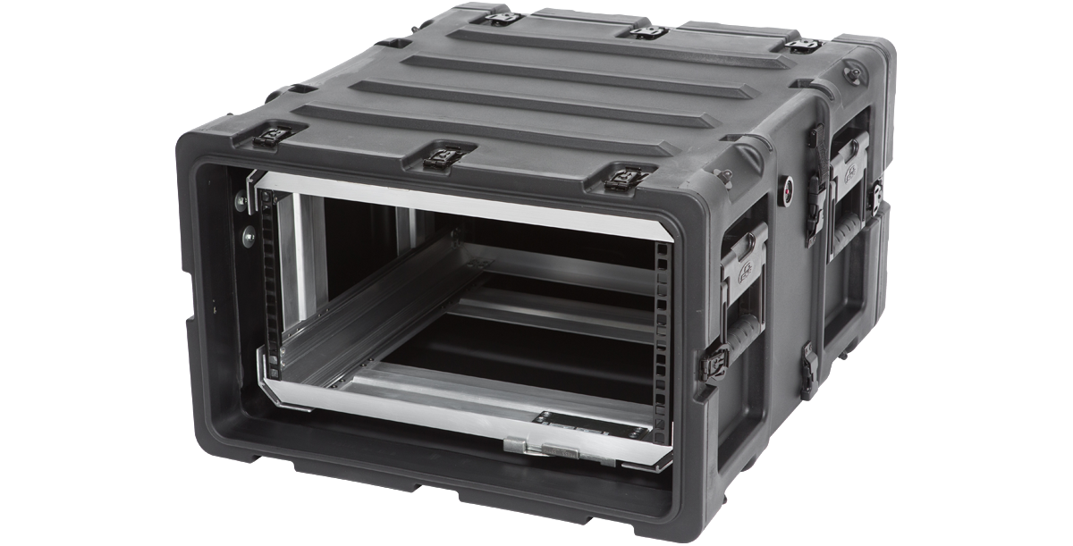 Angled front view of 20-inch Removable Shock Rack 5U RR Series featuring durable shell and ergonomic side handles.
