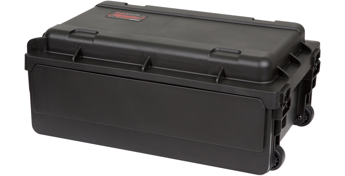 Angled closed view of 2U Rack Case with wheels and molded shell, perfect for mobile studio professionals.