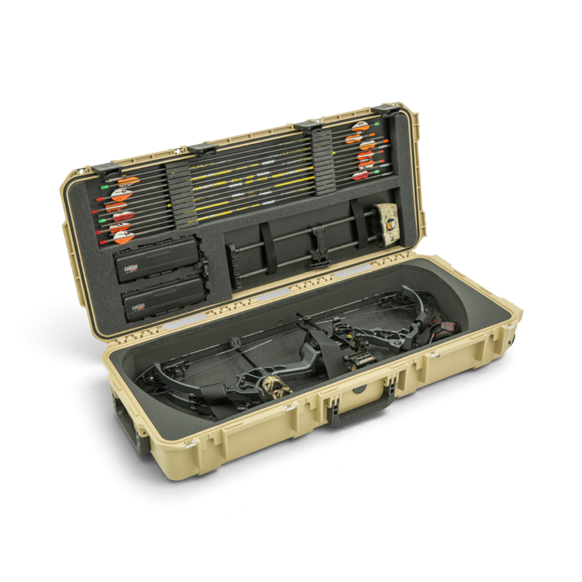 SKB Cases iSeries tan waterproof bow case with custom foam interior holding a compound bow, arrows, and accessories.