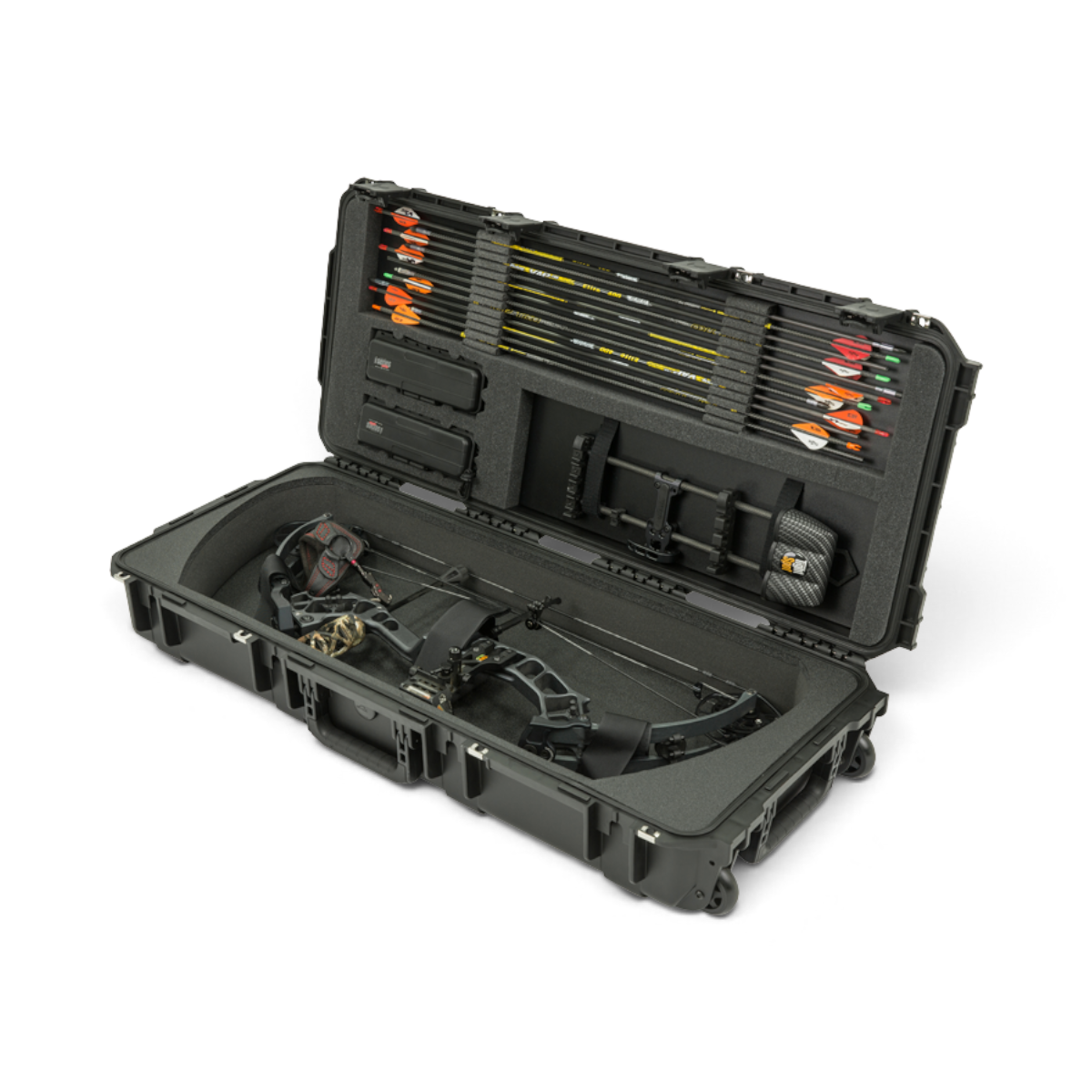 SKB Cases iSeries small parallel limb bow case with custom foam interior, arrows, and bow stored inside.