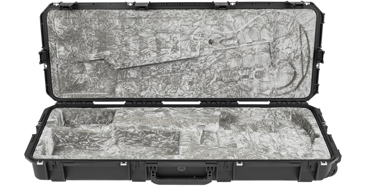 Interior view of iSeries Waterproof PRS Guitar Case with TSA-approved lock-ready latches and custom-fit foam for guitar protection.
