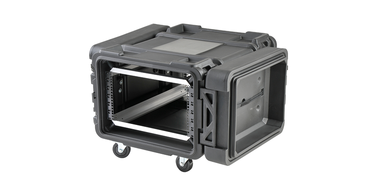 28-inch deep rSeries shock rack with open dual lids and internal adjustable rails, perfect for pro-audio and IT departments.