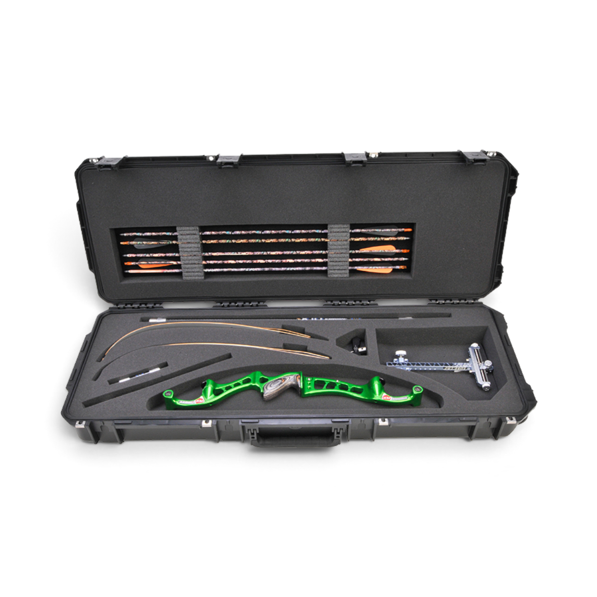 SKB Cases iSeries 4214-5 recurve bow case with custom foam interior holding a green riser, limbs, and arrows.