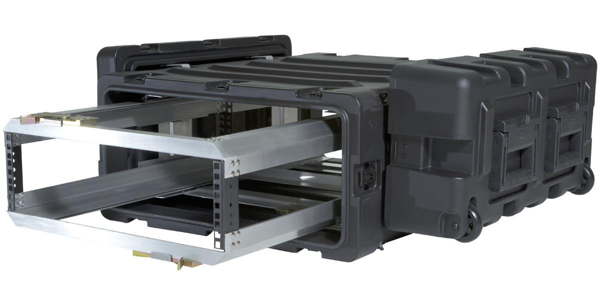 24-Inch Shockproof Rack Case with removable shock racks extended, offering enhanced protection for electronics. Ideal for pro audio and military use.