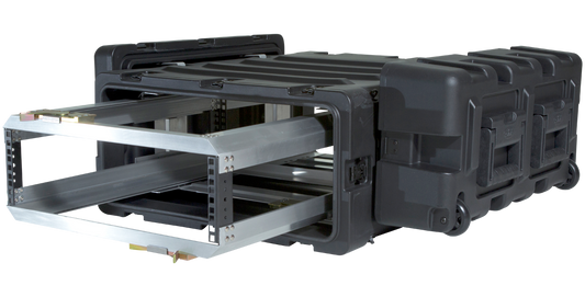 24-Inch Shockproof Rack Case with removable shock racks extended, offering enhanced protection for electronics. Ideal for pro audio and military use.