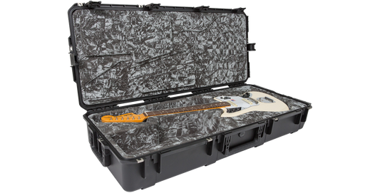 Waterproof guitar case for Jaguar Jazzmaster with white electric guitar inside, featuring molded interior and TSA locks for secure travel.