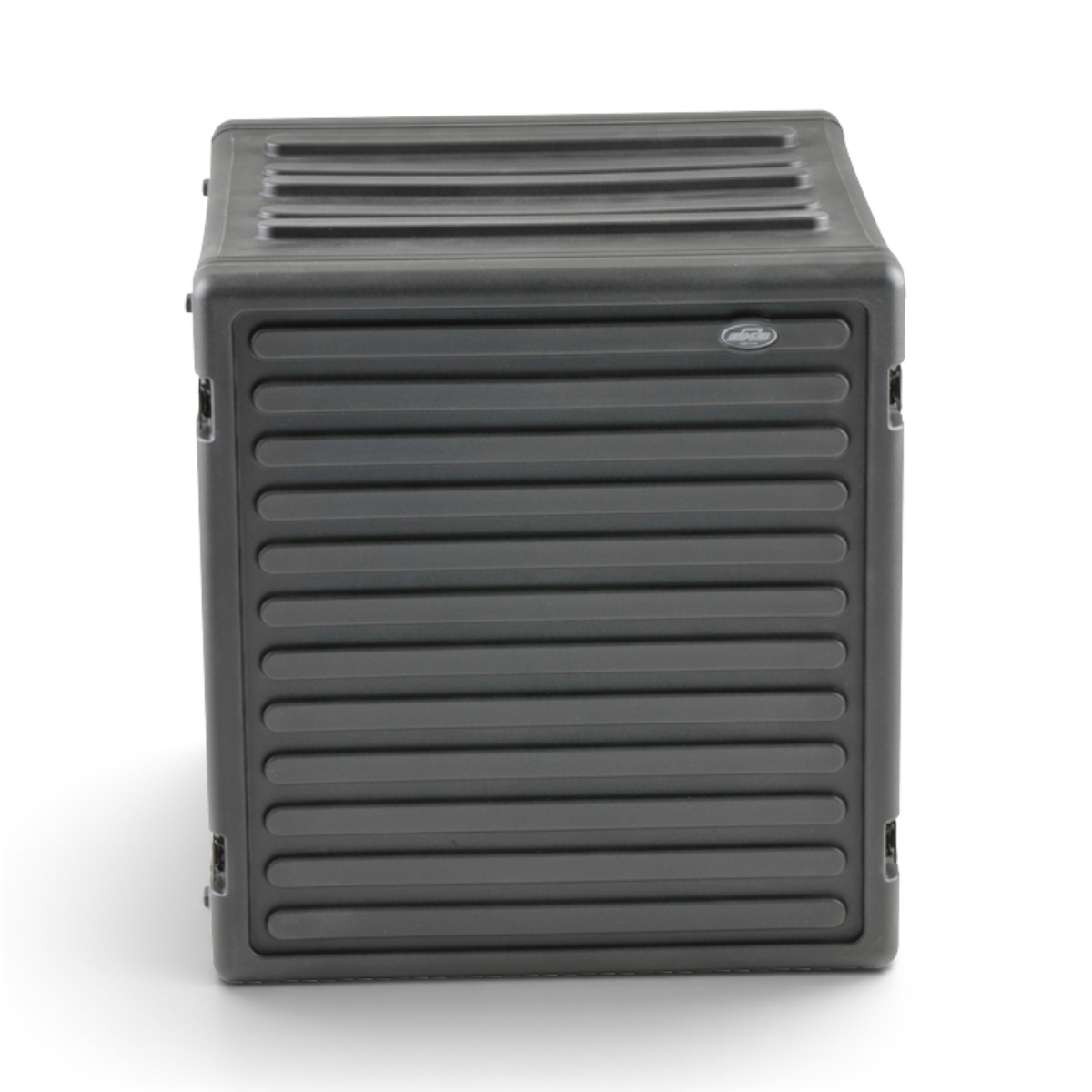 Front view of closed 12U Roto Rack Case with ribbed panel design, built for protective storage and transport of rack-mounted gear.