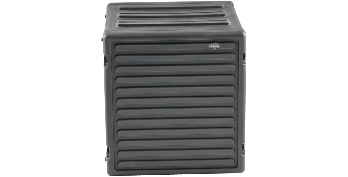 Front view of closed 12U Roto Rack Case with ribbed panel design, built for protective storage and transport of rack-mounted gear.