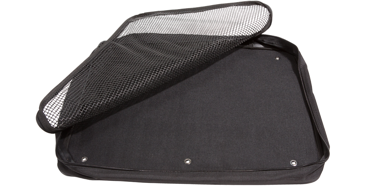 Large Accessory Pocket for SKB lids with mesh zippered cover open, ideal for organizing rack case accessories, size 20x15.5x2.