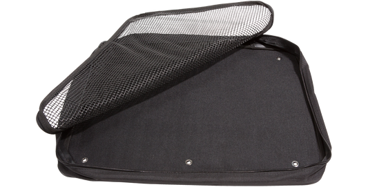 Large Accessory Pocket for SKB lids with mesh zippered cover open, ideal for organizing rack case accessories, size 20x15.5x2.