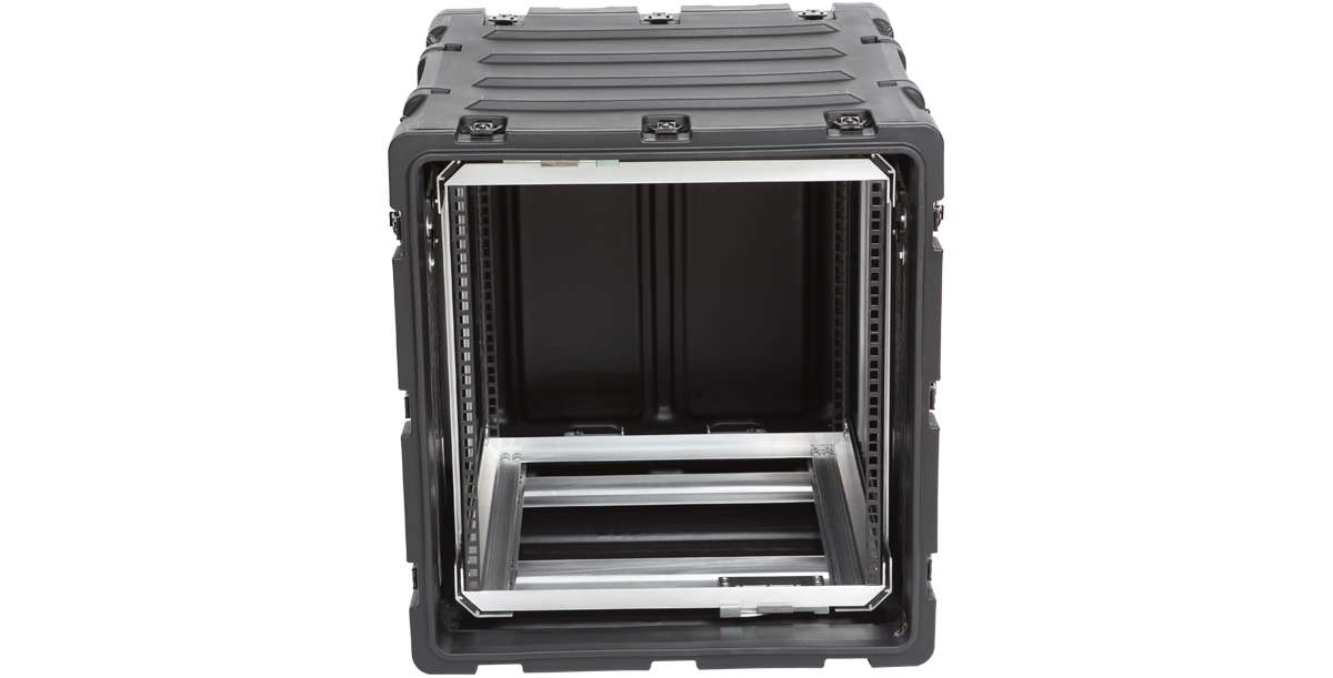 Front view of deep 11U shockproof rack case, emphasizing rugged build and secure interior for sensitive electronic devices.