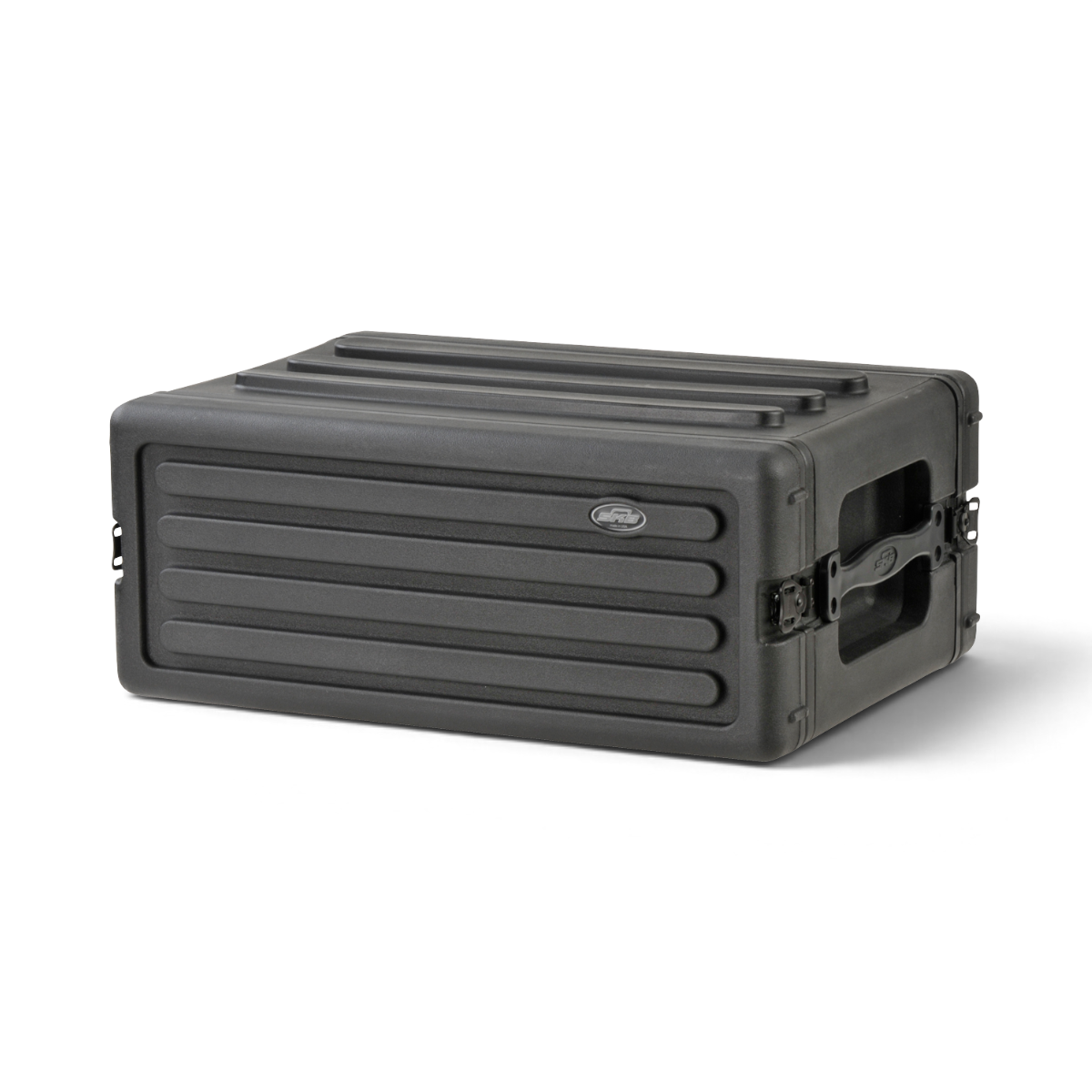 Angled rear view of 4U Shallow Rack Case - Durable Equipment Storage with secure latches and molded exterior for protection.