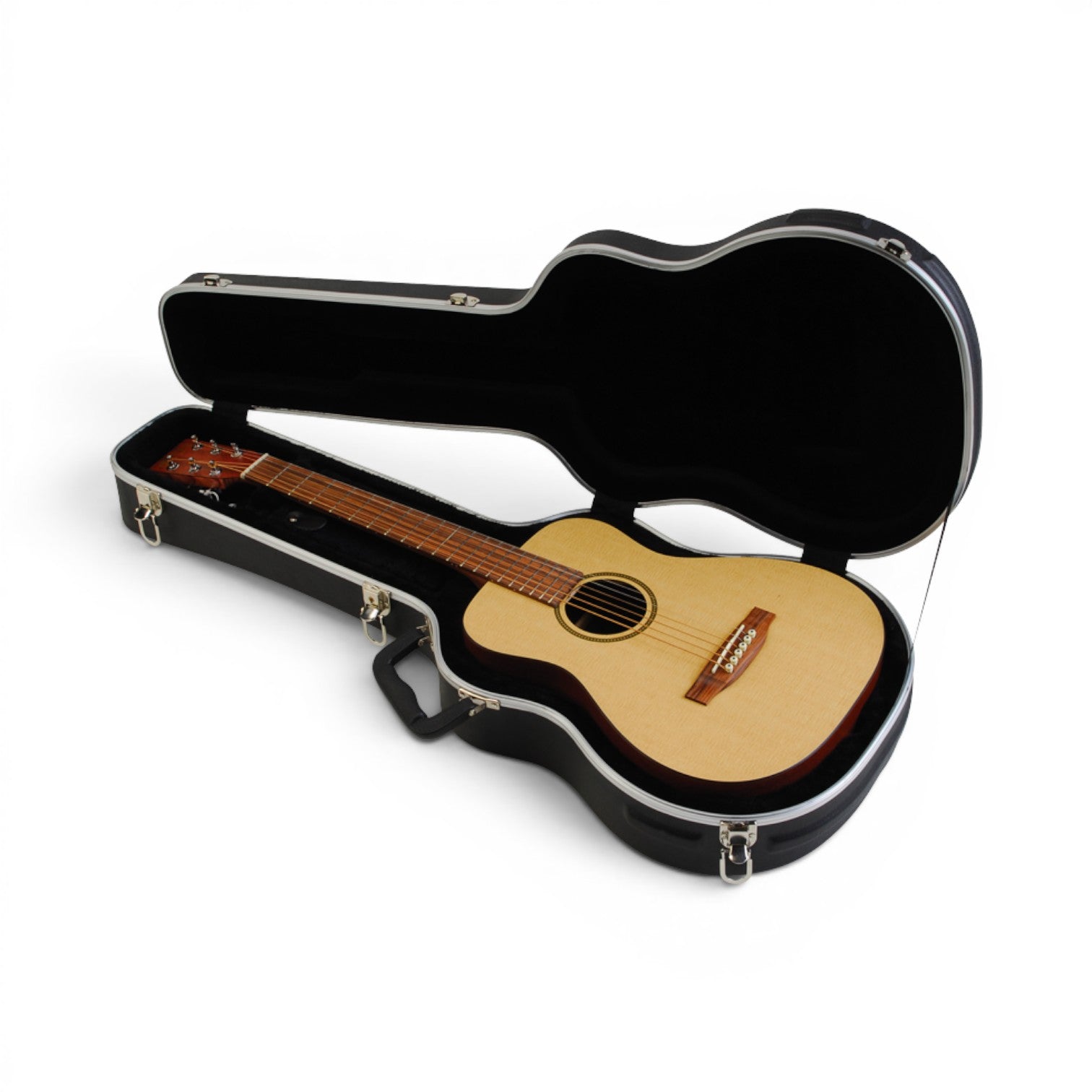 Open Baby Taylor Martin LX Guitar Case - Protect with Style, revealing plush black interior cradling a Baby Taylor acoustic guitar securely.