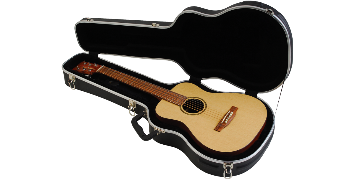 Open Baby Taylor Martin LX Guitar Case - Protect with Style, revealing plush black interior cradling a Baby Taylor acoustic guitar securely.