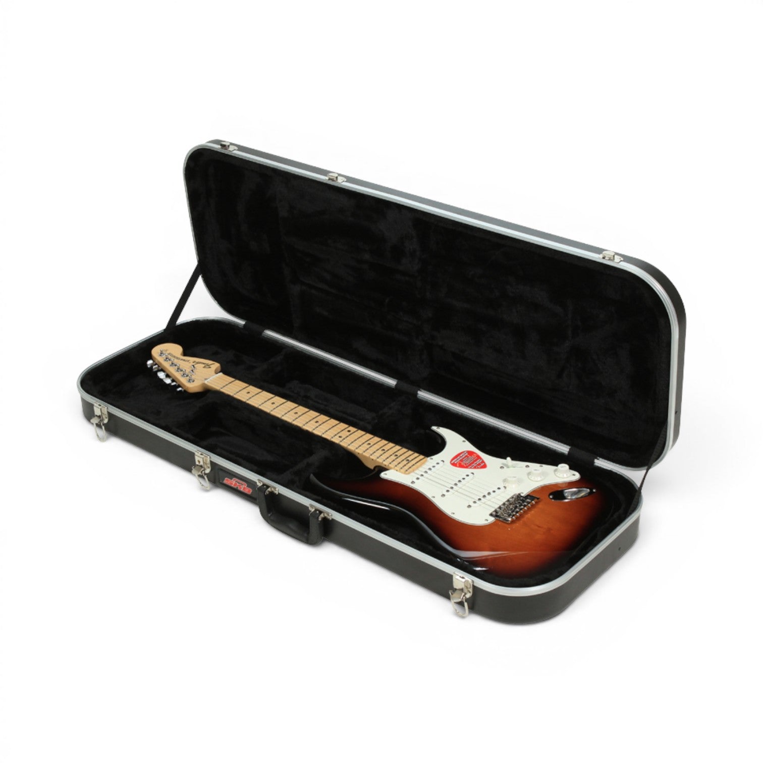 Sturdy rectangular electric guitar case with EPS plush interior, shown open with a sunburst Stratocaster-style guitar inside. Ideal for travel and storage.