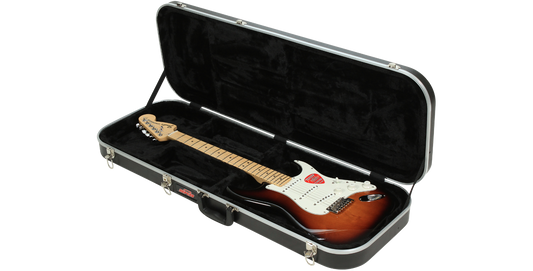 Sturdy rectangular electric guitar case with EPS plush interior, shown open with a sunburst Stratocaster-style guitar inside. Ideal for travel and storage.