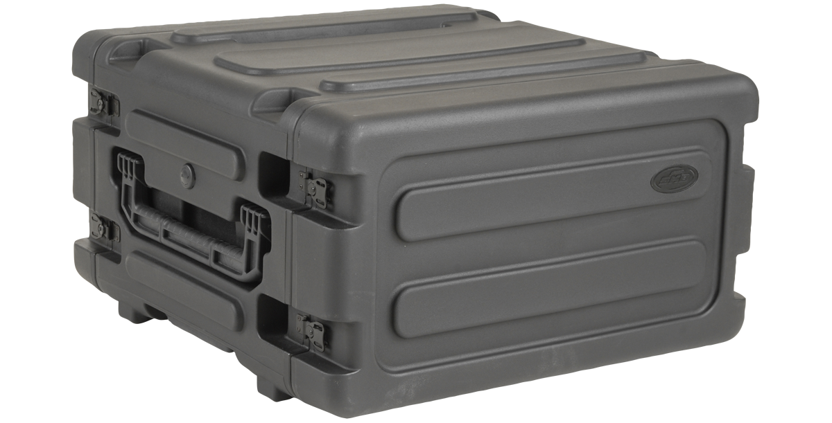 Side angle of 4U rolling shock rack with rugged molded shell and secure locking system, designed for stacking and transport.