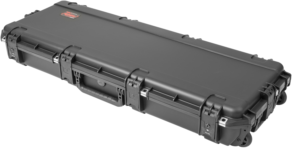 Closed waterproof electric guitar case with TSA-approved locks, rugged black exterior, and reinforced latches for travel protection.