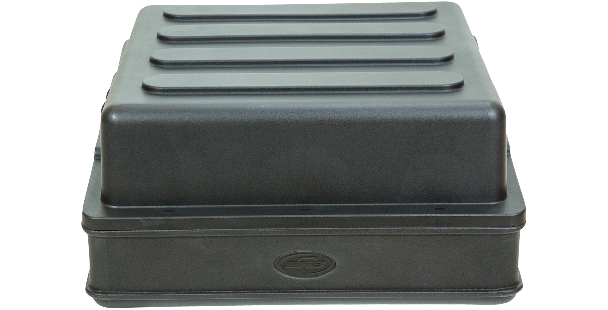 Side view of closed 10U Mixer Rack Case with molded lid and SKB branding, built for rugged use and travel protection.