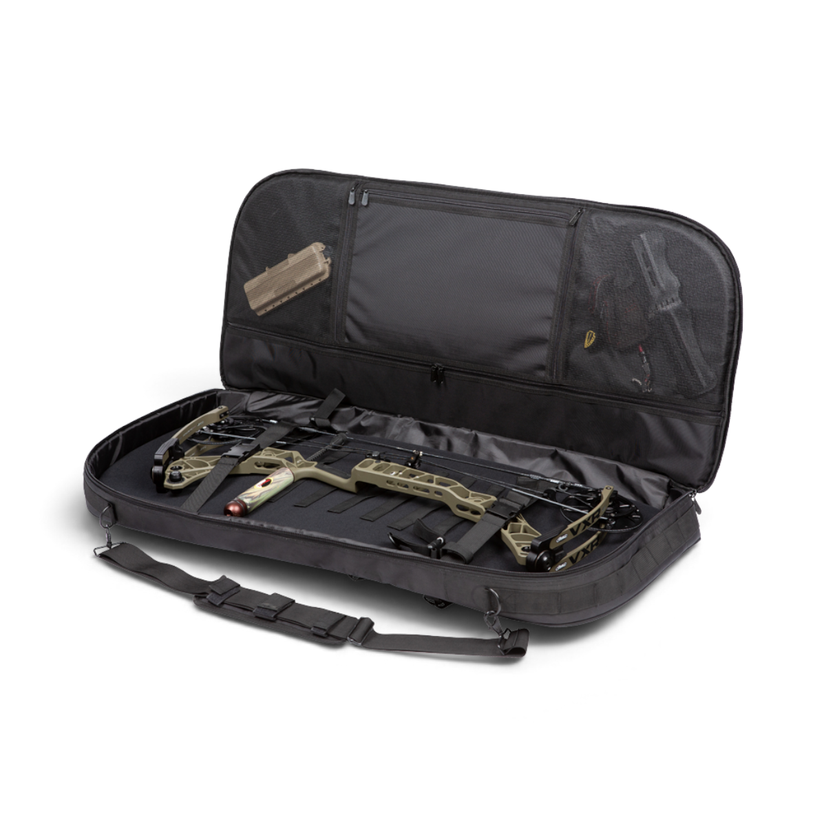 SKB Cases archery backpack featuring a durable black 600 Denier exterior with an open bow storage compartment