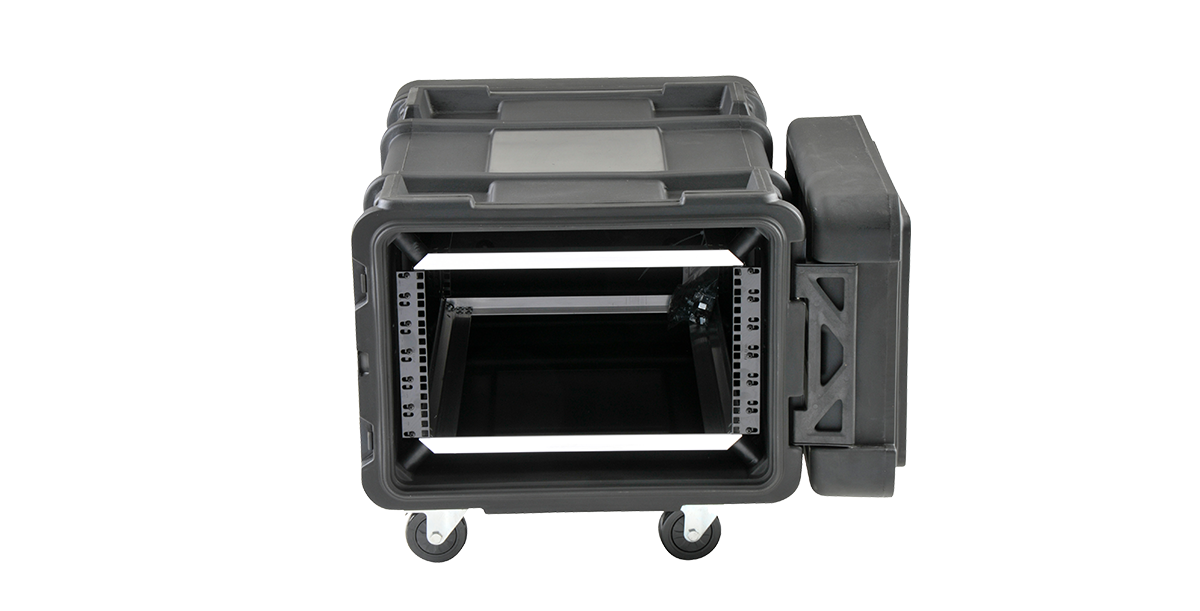 Front view of 28-inch shock rack with MIL-SPEC sealing and adjustable rail system, designed for heavy-duty server protection.