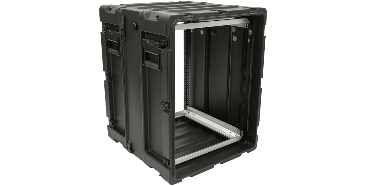 Side open view of 14U Shockproof Rack - Durable 20" RS Series Case showing internal frame and rugged shell for electronics protection.