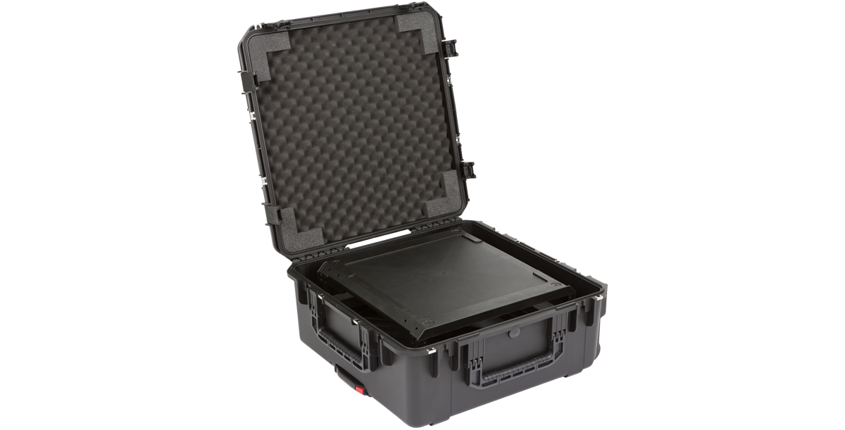 Angled view of open case with 3U iSeries Fly Rack inside, demonstrating compact storage and lightweight portability.
