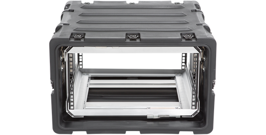 Front-facing view of 20-inch Removable Shock Rack 5U RR Series highlighting durable shell and elastomeric shock mounts.