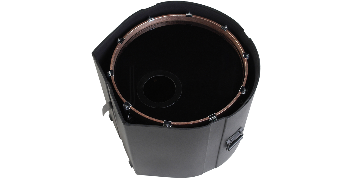 16 x 22 bass drum case with drum inside, showcasing padded interior and snug fit for safe transportation.