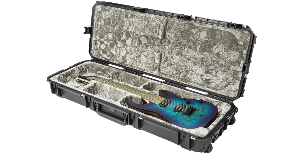 Durable waterproof guitar case for electric guitars, shown open with a guitar inside and TSA-approved locking system for secure travel.