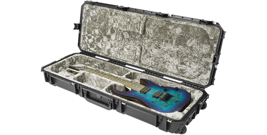 Durable waterproof guitar case for electric guitars, shown open with a guitar inside and TSA-approved locking system for secure travel.