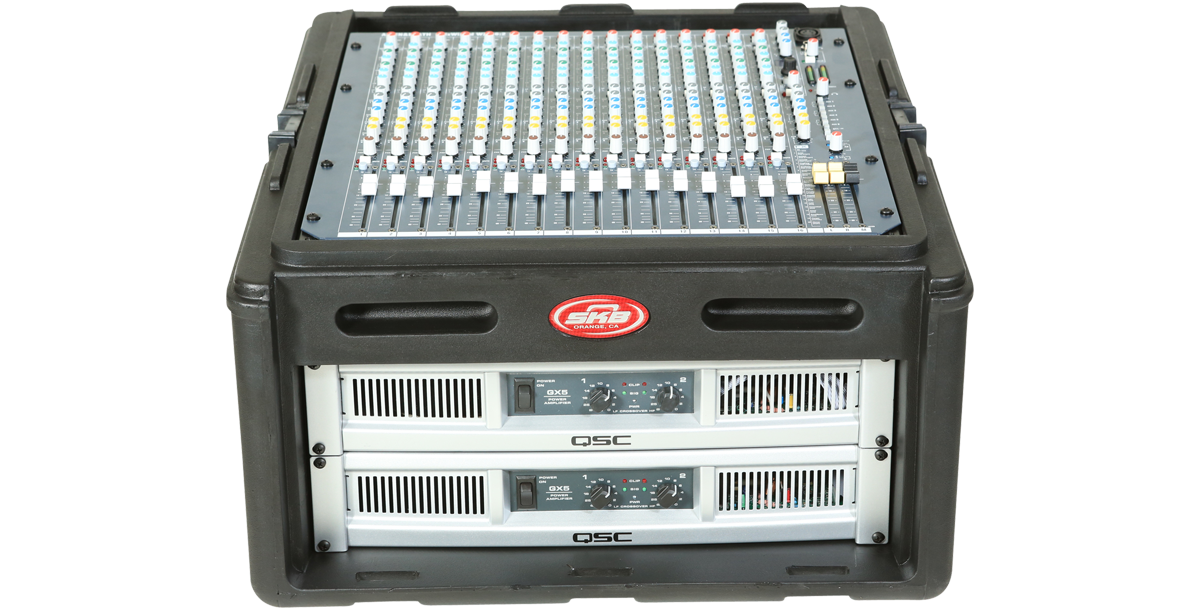 Compact Rack Case - 10U Slanted with audio mixer and dual QSC amplifiers, ideal for AV setups and pro-audio protection in transport.