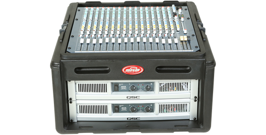 Compact Rack Case - 10U Slanted with audio mixer and dual QSC amplifiers, ideal for AV setups and pro-audio protection in transport.