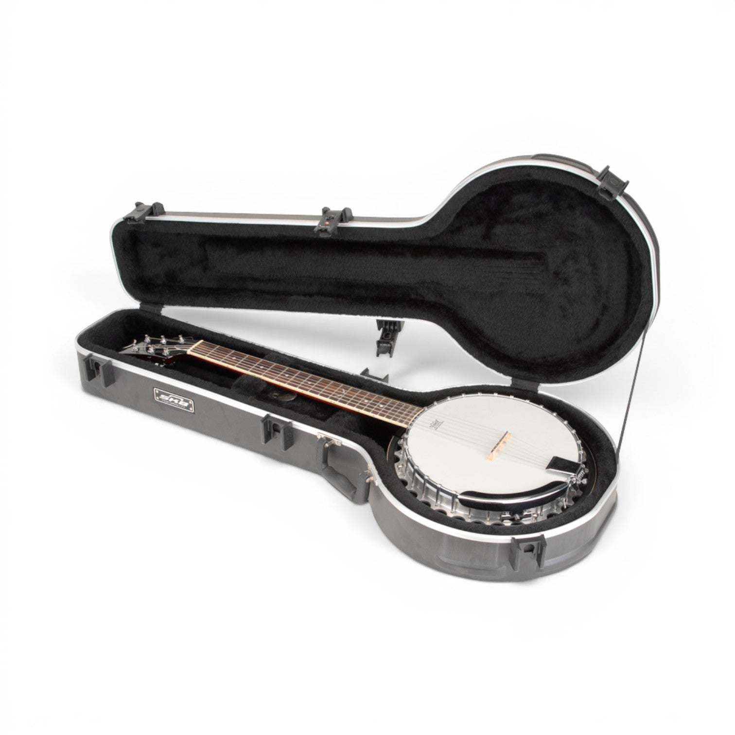 Universal 6-String Banjo Case - Secure Travel with TSA Locks, open to reveal plush lined EPS foam interior cradling a 6-string banjo securely.