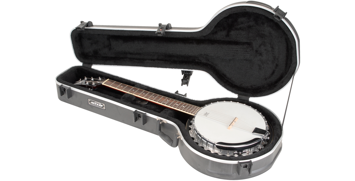Universal 6-String Banjo Case - Secure Travel with TSA Locks, open to reveal plush lined EPS foam interior cradling a 6-string banjo securely.