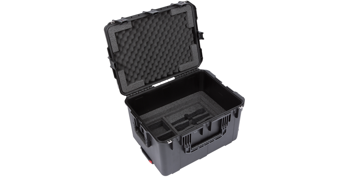 Wireless Mic Fly Rack - 4U Molded Case featuring foam compartments for transmitters and gear. Rugged flyRack ideal for pro audio travel.
