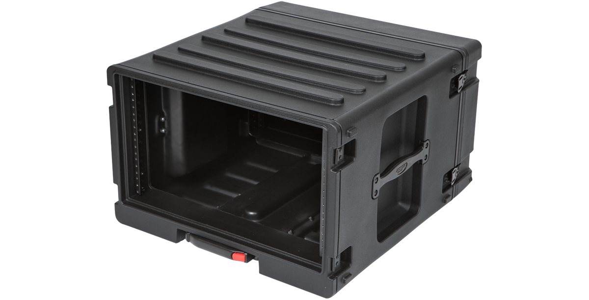 Angled view of 6U Rolling Rack with side handles and interlocking design for secure stacking and transport.