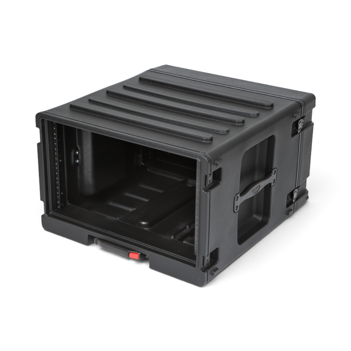 Angled view of 6U Rolling Rack with side handles and interlocking design for secure stacking and transport.