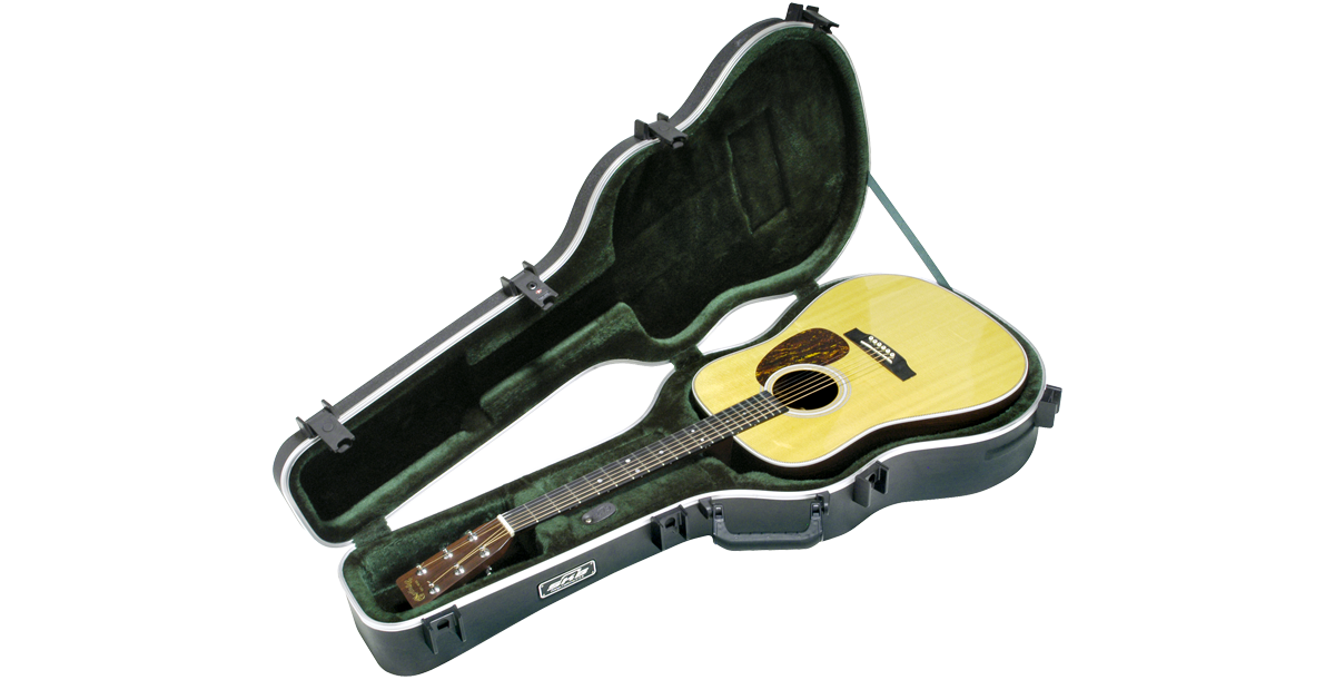 Open Acoustic Guitar Case - Dreadnought & 12-String with green plush interior and a 12-string guitar securely fitted inside.