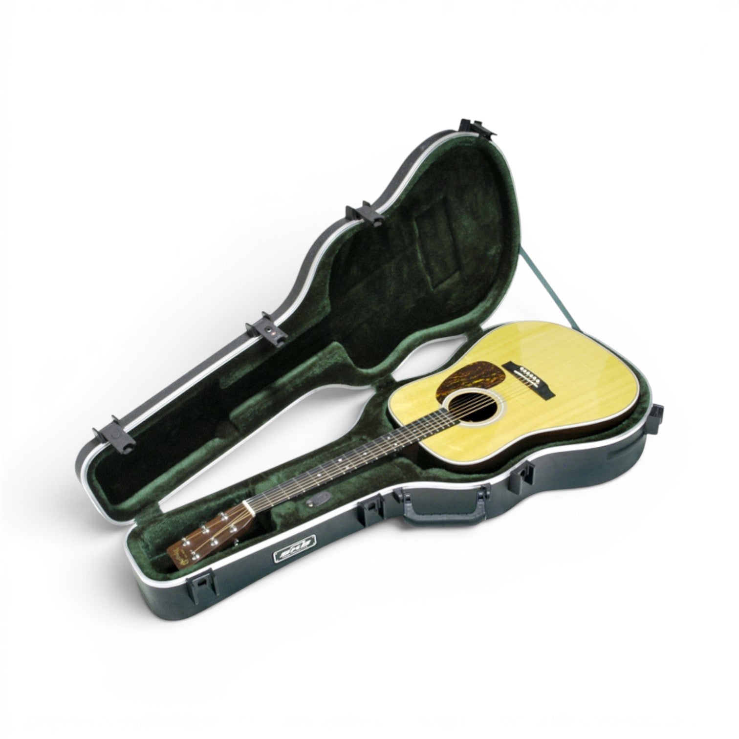 Open Acoustic Guitar Case - Dreadnought & 12-String with green plush interior and a 12-string guitar securely fitted inside.