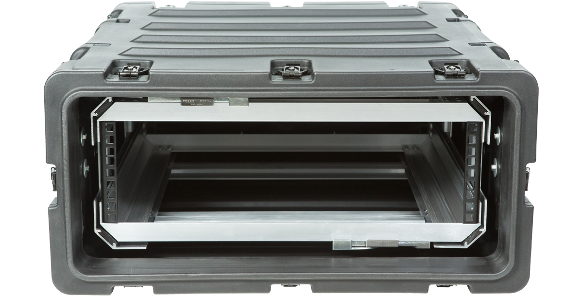 Front view of 20 Inch Shock Rack - 3U RR Series with open access to interior rack rails, designed for secure electronics housing.