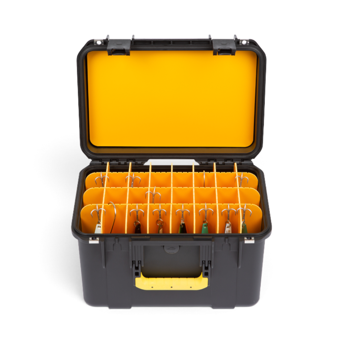 SKB Cases iSeries 1610-10 waterproof lure case in black with yellow interior and 32 adjustable storage compartments.