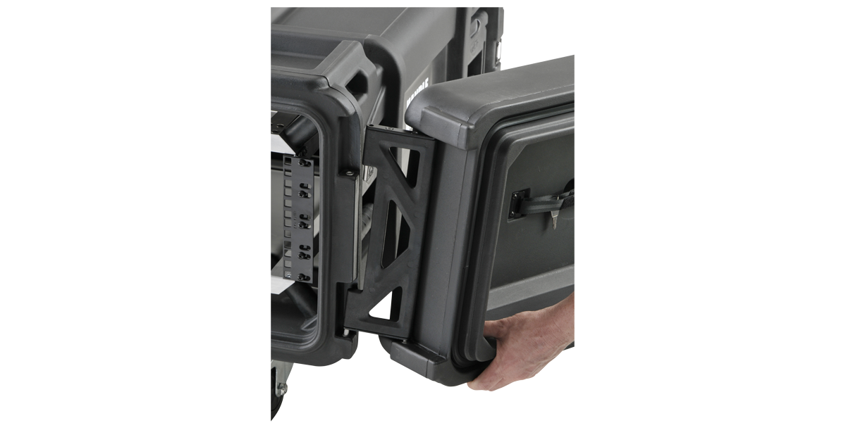 Close-up of 4U 28-Inch rSeries Rack showing detachable lid and shock-absorbing bracket, ideal for protecting sensitive IT and audio gear.