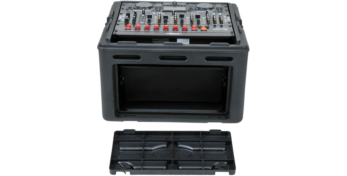 Compact Rack Case - 10U Slanted with front door removed, revealing DJ controller and ample rack space for audio accessories.