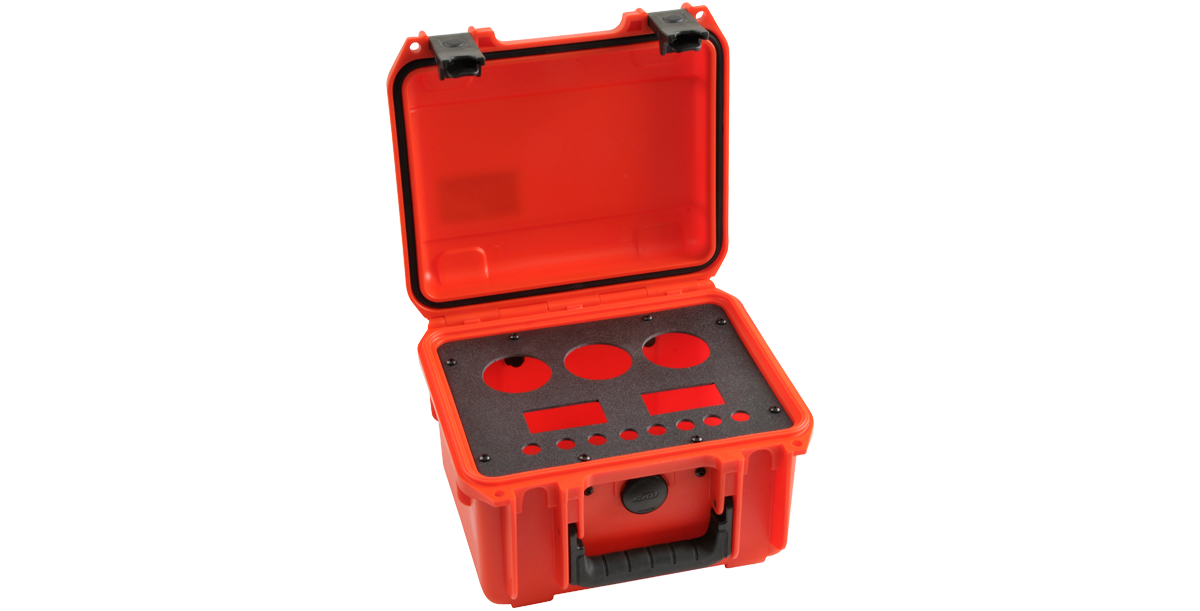 Angled view of SKB 3i Series Panel Mount Kit installed in a 3i case with a custom cutout panel securely fitted.