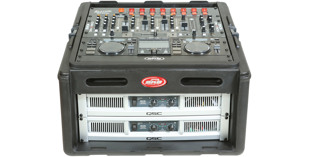 Compact Rack Case - 10U Slanted with DJ controller and QSC amplifiers, offering secure and organized audio gear storage for professionals.