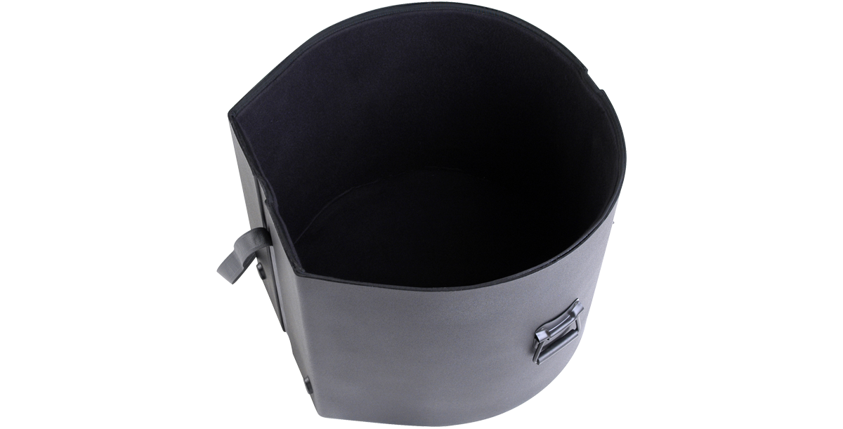 Open 14 x 20 bass drum case showing spacious padded interior designed for safe transport of marching band drums and accessories.